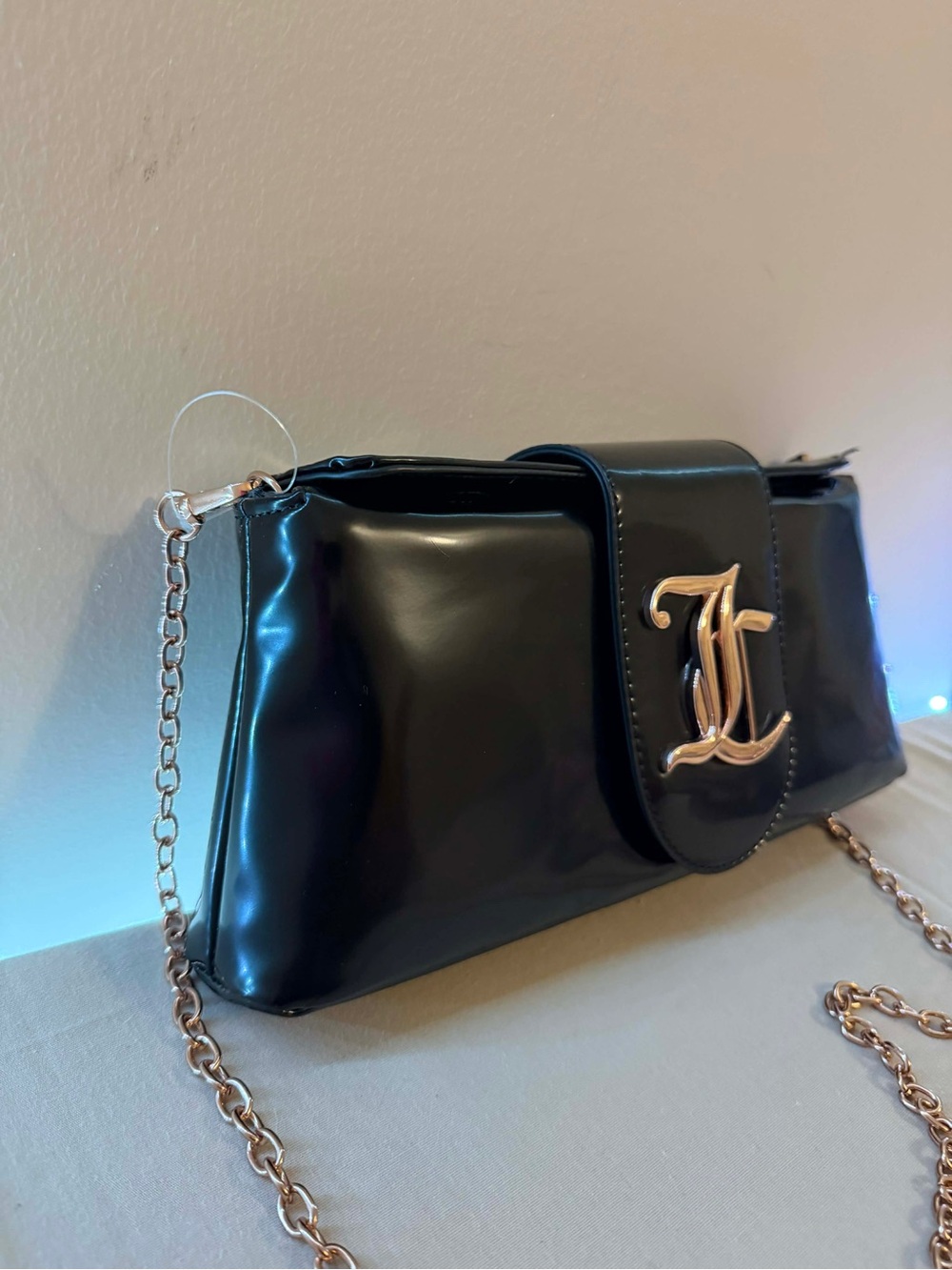 Juicy Couture Black Patent Shoulder Bag with Gold Logo Accent